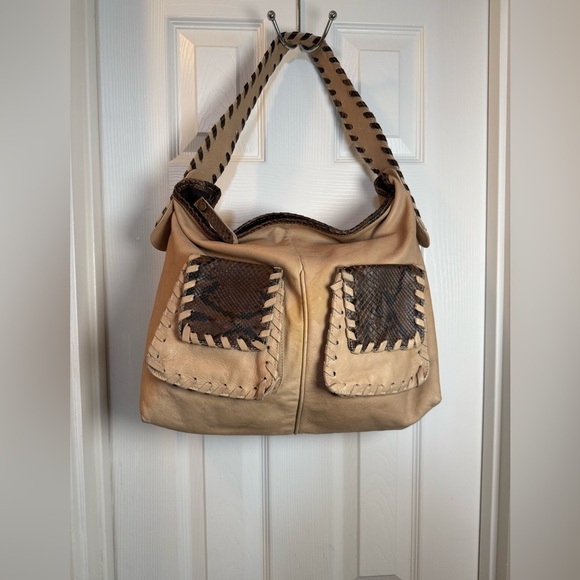pulicati Handbags - PULICATI Leather hobo bag tan with brown stitching and pockets made in Italy 🇮🇹